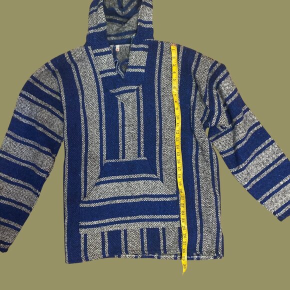 Vintage Mexican Baja Hoodie Blue & Gray Striped Unisex Sweater Poncho (Size XL) - Picture 4 of 7
